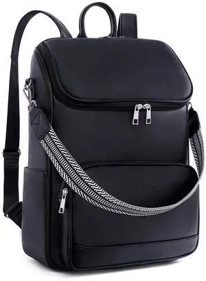 Lexiyat Leather Laptop Backpack for Women, 15.6" Work Travel College Bag, Teacher Nurse Convertible Backpack Purse Black