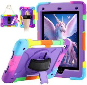 for iPad 6th Generation/iPad 5th Gen/iPad Air 2/iPad Pro 9.7" Case with Cute Key Chain, Rugged Protective Case with Rotating Stand & Shoulder Hand Strap for iPad 6th/5th/ Air 2 (Rainbow Purple)