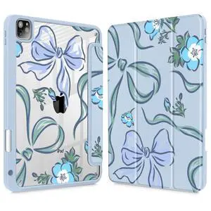 Mektron Case for iPad Pro 11 inch (4th, 3rd, 2nd & 1st Gen) 2022 2021 2020 2018, Buit in Pencil Holder with Shockproof Cover Clear Shell + Trifold Stand + Auto Wake/Sleep, Bows C355