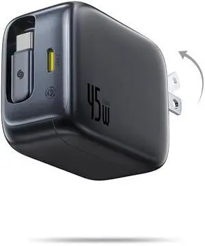 Baseus Retractable USB C Charger, 45W Dual Port Fast Charging Block with Foldable Plug, PD/PPS for Galaxy S24/iPhone 17/16/15 Series/MacBook Air/Airpods 4