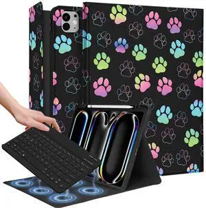 Wazzasoft for iPad Pro 13 inch Case with Keyboard M4 - Pencil Holder Folio Women Girls Cute Kawaii Strawberry Unique Design for Apple Tablet Cover Pro 13 2024, Paw