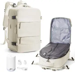 VENATIN Vacuum Backpack Travel with pump,Flight Approved 18x14x8 Inches,Personal Item Travel Bag,Vacuum Seal Compression Backpack with Pump for Travel, 15.6 Inches Laptop Bag for Men,Beige