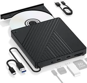 Ultra-Portable 5-in-1 External Blu-ray Drive: USB 3.0 & USB-C DVD/CD Burner, BD Reader with Dual USB-A Ports & SD/TF Card Readers  Seamless Laptop/PC Compatibility for Windows, Mac, Linux (5 IN 1)