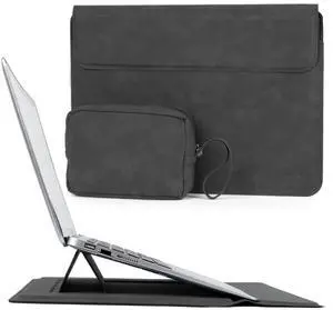 Allinside 13-14 Inch Laptop Sleeve Case for MacBook Pro 14" 2021-2024/MacBook Air 13" 2010-2017/MacBook Pro 13" 2010-2015, Waterproof PU Leather Sleeve Cover with Stand & Accessory Pouch, Black