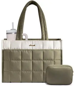 LOVEVOOK Tote Bag for Women, Puffer Work Handbag 15.6 Inch Laptop Purse for Nurse Teacher, Large Quilted Travel Tote Shoulder Bag with Zipper for College Office Clinical Gym, Cream-Sage