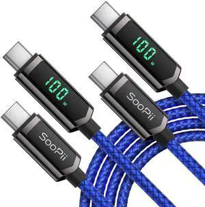 SOOPII USB C to USB C Cable, [ 10FT, 2-Pack ] Nylon Braided 100W Type-C Cable with LED Display for lPhone 15/15 Plus/15 Pro/15 Pro Max, MacBook Pro, Samsung Galaxy S22/S10, Pixel, LG