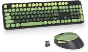 Guffercty kred Dark Green Keyboard and Mouse Wireless, Retro Typewriter Cute Colorful Wireless Keyboard Full-Size 2.4GHz with Round Keycaps for Desktop Laptop and PC(Black Green)