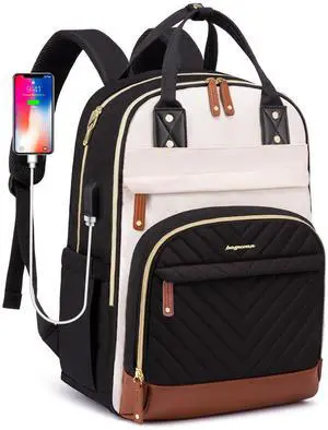 Laptop Backpack for Women Work Bookbag: 18 Inch College Backpacks with USB Charger School Book Bag Waterproof Travel Back Pack Anti-Theft Casual Bookbags for Girls Teacher Nurse Beige Black Brown