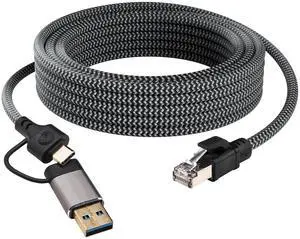 USB C to Ethernet Cable 2.5 Gigabit, 2-in-1 USB C to RJ45 Ethernet Cable, Plug&Play, Nylon Braid, Directly Connected, Thunderbolt 3/4 Compatible for MacBook Pro, iPhone15 Pro, Dell XPS, Galaxy-6.6FT