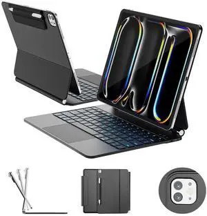 RAYMCRAFT for ipad Pro 13 inch Case with Keyboard (M5 2025 / M4 2024), Magic Keyboard with Pencil Buckle, 11 Colors Backlight, Stain-Resistant Surface, Multi-Touch Trackpad, Magnetic Stand, Black