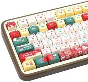 COOMICKEY Christmas Cat Keycaps, Cute PBT Keyboard Caps, Dye Sublimation Keycaps with Mao Profile, 140 Keys Keycap Sets for 60%, 65%, 75%, 100% Cherry MX Mechanical Keyboard