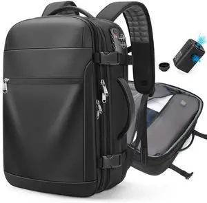 Vacuum Backpack Travel - 60L Expandable Carry-On Vacpack Backpack with Vacuum Pump, TSA Lock, Laptop Compartment, Water-Resistant Seal Compression Bag for Business & Flight Travel (Black)