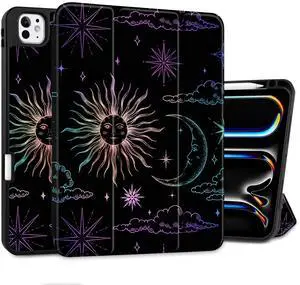 DONGKE Case for iPad Pro 11 inch (M5 2025 / M4 2024, 6th & 5th Generation)  [Built-in Pencil Holder] Ultra Slim PU Leather Trifold Stand Cover with Soft TPU Back, Auto Wake/Sleep, Sun & Moon