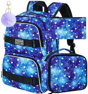 FTJCF 17 Inches Girls Backpack, 3Pcs Love Laptop Backpacks with Lunch Bag, Water Resistant College School Bookbag Set for Teens Students(Blue)
