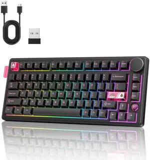 Wireless Gaming Keyboards Gasket Mechanical Keyboard | 75% Wireless Keyboard | Three-Mode Wireless (Bluetooth /2.4G/USB-C) | Hot-Swappable | Five-Layer Muffler Filling | Knob +RGB Backlit (Black)
