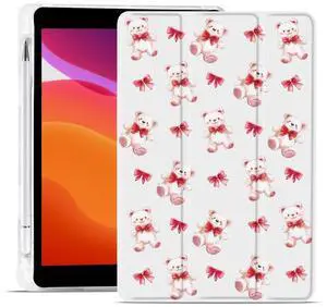 MAYCARI Teddy Bear Red Bows Fashion Case for iPad 10.9 inch 2022 with Pencil Holder, Original Pattern iPad 10th Generation Soft TPU Back Protective Cover Shell, Auto Sleep/Wake Slim Shell - White