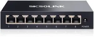 SICSOLINK, 8 Ports Gigabit Unmanaged Ethernet Switch, Network Hub, Ethernet Splitter, Plug & Play, Fanless Metal Design, Traffic Optimization