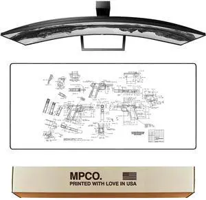 MPCO. Blueprints Large Gaming Desk Pad - 36" x 17" Duraglyde Fabric Browning 1911  White Desk Mats - Non-Slip, Washable, Smooth Glide for Precision Gaming & Work