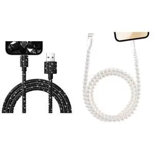 XNMOA 2PCS Beaded Phone Charger Cable Cord and Black Bling Sparking Diamond iPhone Charging Cable for iPhone 14 13 12 Pro Max