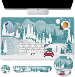 Britimes Merry Christmas Red Car Keyboard Mouse Pad Set House Snow Tree 4in1 Large Mousepad+Keyboard Wrist Rest+Mouse Wrist Rest+Coaster Ergonomic Design for Home Office Computer 35.4 * 15.7 inches