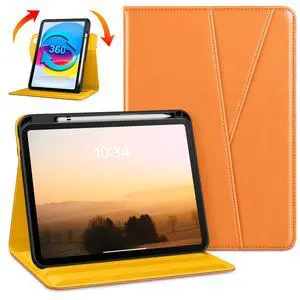 DTTO Rotating Case for iPad (A16) 11th Generation 11 Inch 2025, iPad 10th Generation 10.9 Inch 2022, 360 Degree Swiveling Premium Leather Folio Stand Cover with Pencil Holder, Orange