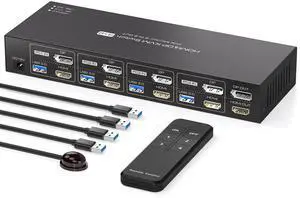 PVBCTCSID HDMI Displayport KVM Switch 2 Monitors 4 Computers 4K60Hz Dual Monitor KVM Support 4 USB3.0 Ports Sharing Keyboard and Mouse Printer Scanner with Controller