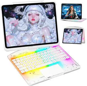 KITONE Transparent Case with Wireless Keyboard for iPad Air 13-in.(M3/M2, 2025/2024), 7 Colors Backlight, Trackpad, 360°Rotating Stand for iPad Pro 12.9-in (6/5/4/3 Gen), Tech Style