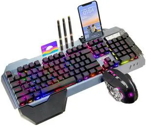 RGB Backlit Gaming Keyboard and Mouse Set  16 Lighting Modes, 2400DPI 4-Button Optical Mouse, Mouse Pad & Phone Holder  Ergonomic Wrist Support  Black