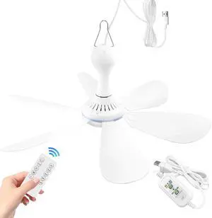USB Powered Small Ceiling Fan 6 Blades Quiet DC 5V USB Hanging Fans for Indoor Outdoor RV Bed Room Dorm Desk Travel Camping Tent Cubicle Mini Portable Canopy Fans (White Remote Control)