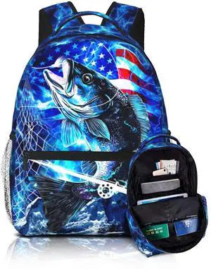 Bawpkn Bass Fish Backpacks for Kids Blue American Flag Schoolbag for Teenage Girls Boys Cute Children Book Bag for Preschool Kindergarten Bookbags Nursery Daycare Back to School Gifts