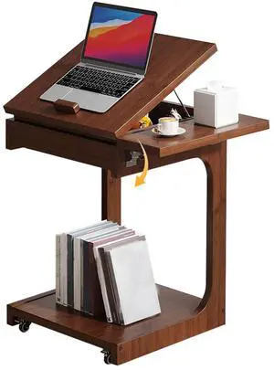 ZELLOXY Wood C-Shaped End Table, Mobile Couch Side Table with Adjustable Tilting Top, Laptop Side Table with 5 Tilt Angle Adjustments, TV Tray Table with Rolling Wheels, Storage Shelf