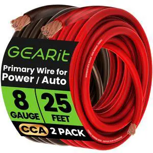 GEARit 8 Gauge Wire, for Automotive Power/Ground, Battery Cable, Car Audio, RV, Amp, CCA, Automotive Wire, Amp Kit, Battery Cables, Wiring Kit, (25 feet Each- Black/Red) GEARit 8 Gauge Wire, for Automotive Power/Ground, Battery Cable, Car Audio, RV, Amp, CCA, Automotive Wire, Amp Kit, Battery Cables, Wiring Kit, (25 feet Each- Black/Red)