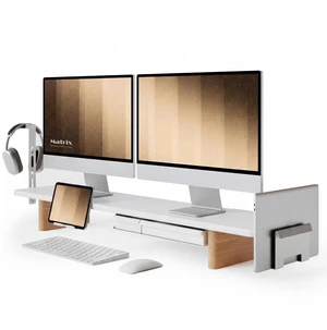Fenge Modular Dual Monitor Stand Riser with Solid Ash Wood Leg, 42.5" White Fenge Modular Dual Monitor Stand Riser with Solid Ash Wood Leg, 42.5" White