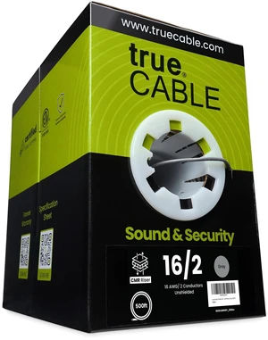 TRUE CABLE 16/2 AWG Sound & Security Speaker Wire, Unshielded Stranded Pure Copper Bulk Cable, CMR/CL3R Riser in-Wall, UL13 300V, Gray, 500ft TRUE CABLE 16/2 AWG Sound & Security Speaker Wire, Unshielded Stranded Pure Copper Bulk Cable, CMR/CL3R Riser in-Wall, UL13 300V, Gray, 500ft