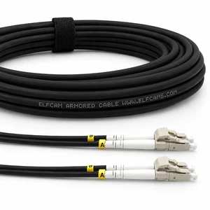 Elfcam - 100m/328ft Outdoor and Indoor Shielded Armored Fiber Optic Cable LC/UPC to LC/UPC OM3 Multimode Duplex 50/125m LSZH, Black (100M) Elfcam - 100m/328ft Outdoor and Indoor Shielded Armored Fiber Optic Cable LC/UPC to LC/UPC OM3 Multimode Duplex 50/125m LSZH, Black (100M)