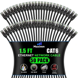 Maximm Cat6 Ethernet Cable 1.5 Ft, 10 Gbps 550 MHz, Black, 50 Pack Maximm Cat6 Ethernet Cable 1.5 Ft, 10 Gbps 550 MHz, Black, 50 Pack