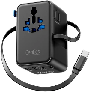 Ceptics Universal Travel Adapter, GAN 100W, 4 USB Ports & 2 Input Sockets Ceptics Universal Travel Adapter, GAN 100W, 4 USB Ports & 2 Input Sockets
