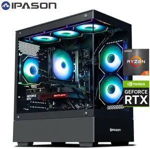 IPASON Xelra Gaming Desktop PC,AMD Ryzen5 9600X,Geforce RTX 5060 8G,32GB DDR5,1TB NVMe SSD,Wi-Fi,Windows 11 Home,Black Prebuilt Pc Computer