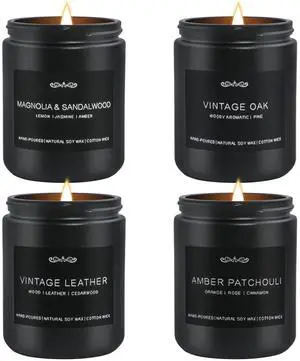 Scented Candles Gifts, Gift for Men, 4 Pack Candles Set, Soy Candle for Home Scented, Birthday Gifts Candle Set for Men Scents of Magnolia Sandalwood/Oak/Amber Patchouli/Leather