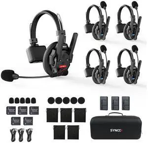 SYNCO Audio Xtalk XPro5 Full Duplex Wireless Intercom Headset System  5-Pack, 500m Range, Signal Boost, Noise Cancel, Team Communication
