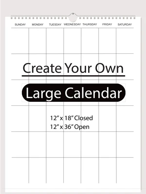 Large Blank Wall Calendar, DIY Custom Monthly Calendar Planner, Hanging Spiral-Bound Scrapbook Calendar, Personalized Wall Organizer for Home Office, 12 x 18 inch closed and 12 x 36 inch open. Large Blank Wall Calendar, DIY Custom Monthly Calendar Planner, Hanging Spiral-Bound Scrapbook Calendar, Personalized Wall Organizer for Home Office, 12 x 18 inch closed and 12 x 36 inch open.