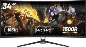 LXZ 34 Inch Gaming Monitor 1500R, UWQHD(3440 x 1440) 165hz Frameless Display 100% sRGB, Wide Viewing Angle, Display Port HDMI - Black