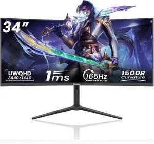 Sealan 34 inch Ultrawide Curved Computer Gaming Monitor 165Hz UWQHD 3440x1440(4K),1500R -PIP,1ms (MPRT),HDR, 300nits, sRGB127%, FreeSync, HDMI2.0(TMDS) x2,DP1.4 x2,Eye Care,Support Wallmount 100x100mm