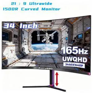 Raywego 34 Inch Curved Gaming Monitor 3440x1440P(4K), 165Hz, 21:9 Aspect Ratio, UWQHD, 1ms(MPRT),1500R, Tilt/Height Adjustable, 127% sRGB, FreeSync, Eye Care, VESA(100*100mm), PIP/PBP, VA Panel, Black Raywego 34 Inch Curved Gaming Monitor 3440x1440P(4K), 165Hz, 21:9 Aspect Ratio, UWQHD, 1ms(MPRT),1500R, Tilt/Height Adjustable, 127% sRGB, FreeSync, Eye Care, VESA(100*100mm), PIP/PBP, VA Panel, Black