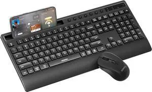 seenda Bluetooth Keyboard and Mouse, COE201 Multi-Device Ergonomic Keyboard Mouse with Phone Holder, Full Size Wireless Quiet Combo Compatible for Windows, Laptop, MacBook Pro/Air, PC, iPad - Black
