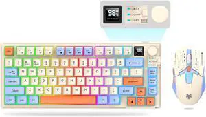 75  Wireless Gaming Keyboard and Mouse Combo, Tri-Mode BT5.0/2.4GHz/USB-C, RGB Backlit Keyboard + 3D 1600DPI Mice, 2000mAh Battery, 80 Keys, Knob Volume Control (Blue)