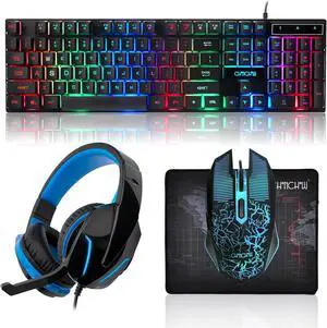Gaming LED Keyboard Mouse Headset and Mousepad Bundle, CHONCHOW Wired Rainbow LED Light Up Gaming Keyboard Mouse Headset, Value 4 in 1 Game Set for Xbox PS4 PS5 PC Laptop