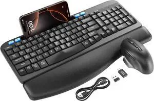 SABLUTE Wireless Keyboard and Mouse Combo, Ergonomic Wave Keys, Cushioned Plam Rest, Rechargeable, Phone Holder, Natural Typing, 2.4G Lag-Free, Full Size Keyboards Cordless Set for Windows/Mac
