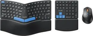 ProtoArc Ergonomic Keyboard Mouse, EKM04 2.4GHz Wireless Ergo Keyboard Mouse Combo, Separate Numeric Keypad, Split Design, Wrist Rest, Rechargeable, for Desktop, PC, Laptop, Windows - Blue Space Key