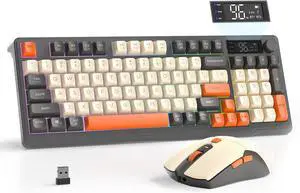 T96 Smart Display Wireless Gaming Keyboard and Mouse Comb, 94Key LED Lighting Rechargeable Silent Membrane Keyboard with Knobs, 2000mAh Battery, 6-Button 4KDPI Mouse for Win/Mac(Glimmer)